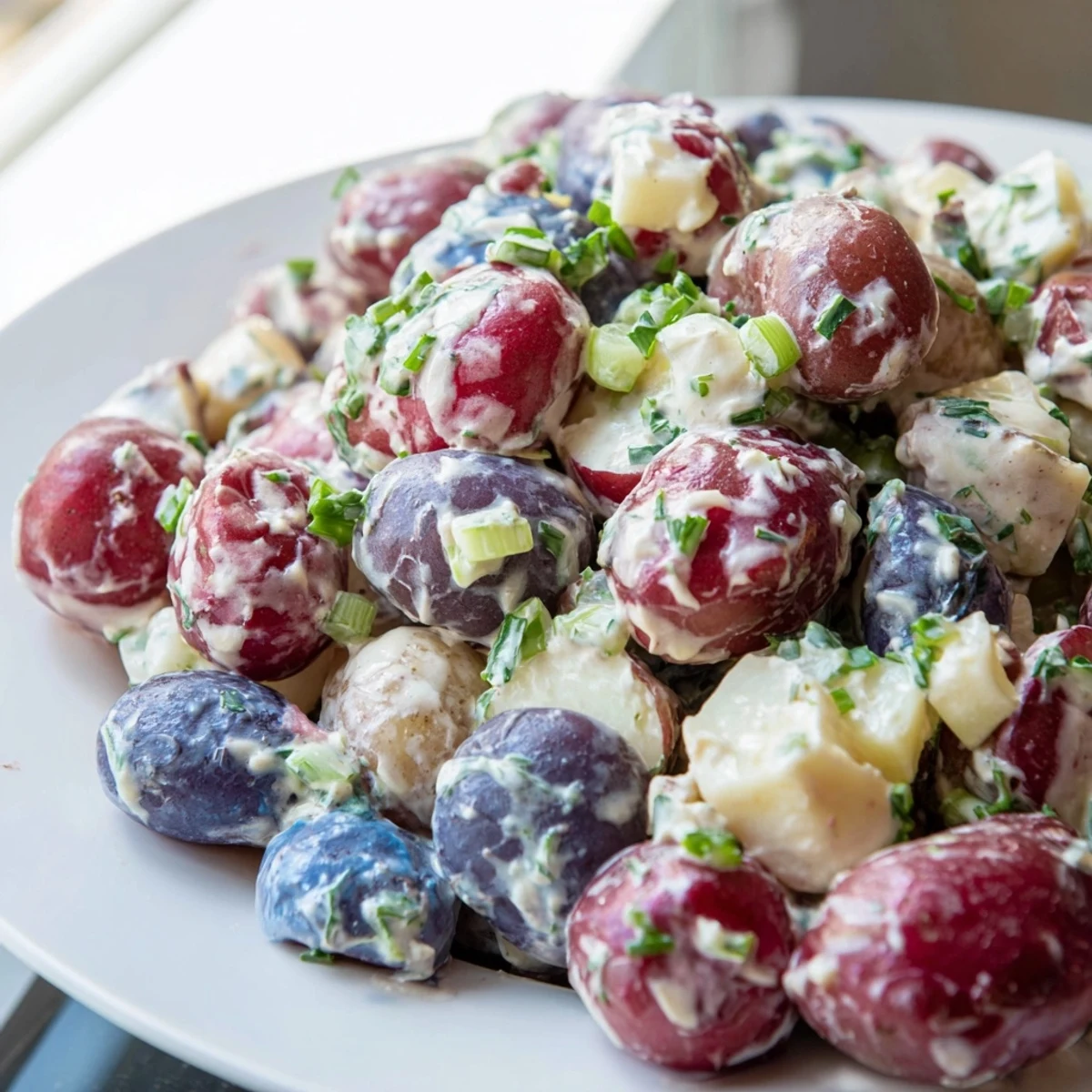 Creamy red white blue potato salad topped with fresh herbs in a rustic bowl