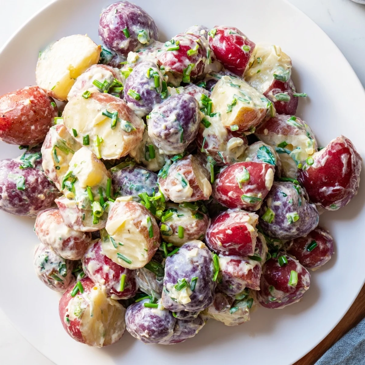 Red white blue potato salad garnished with chives served at a summer cookout