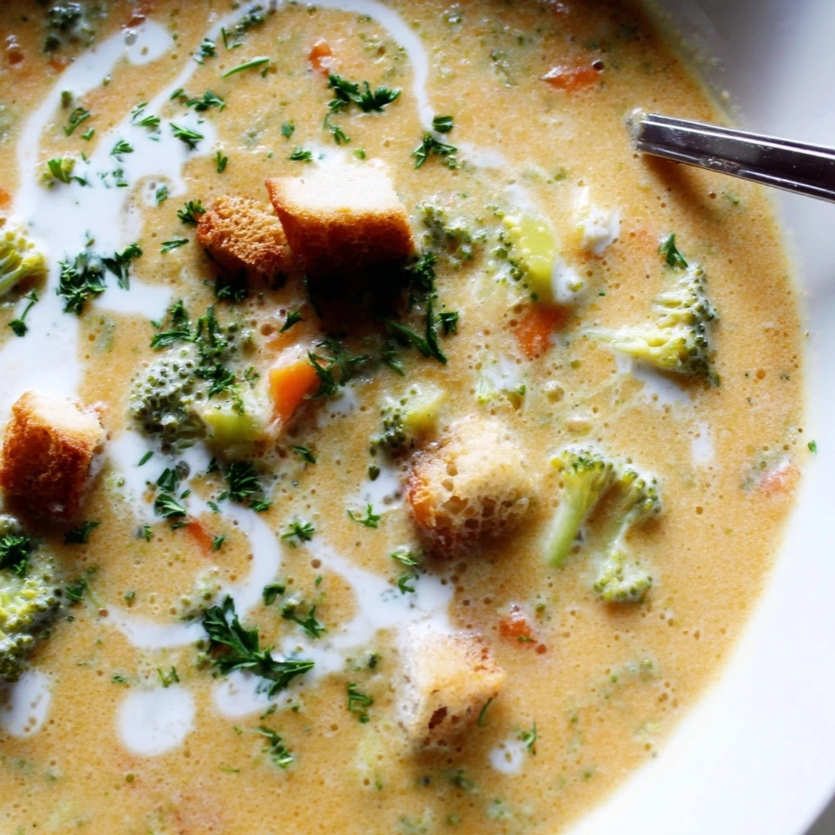 Creamy vegetable soup in a rustic bowl topped with golden croutons and fresh parsley