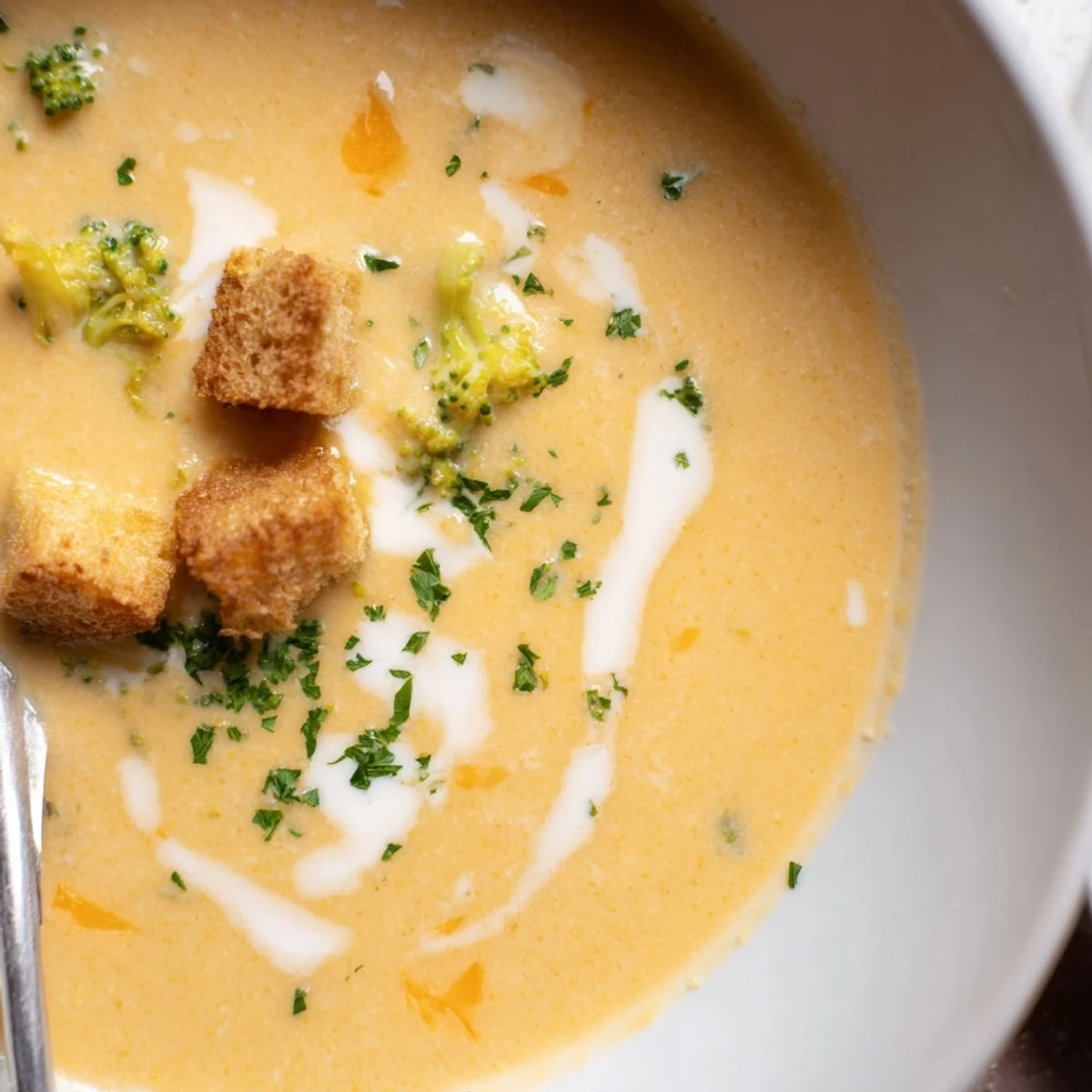 Steaming bowl of creamy vegetable soup garnished with herbs beside crusty bread
