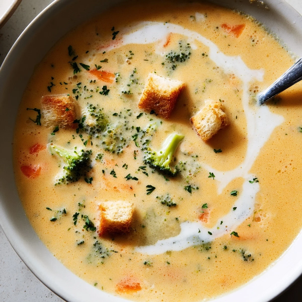 Velvety creamy vegetable soup ladled into a white bowl with a sprinkling of black pepper