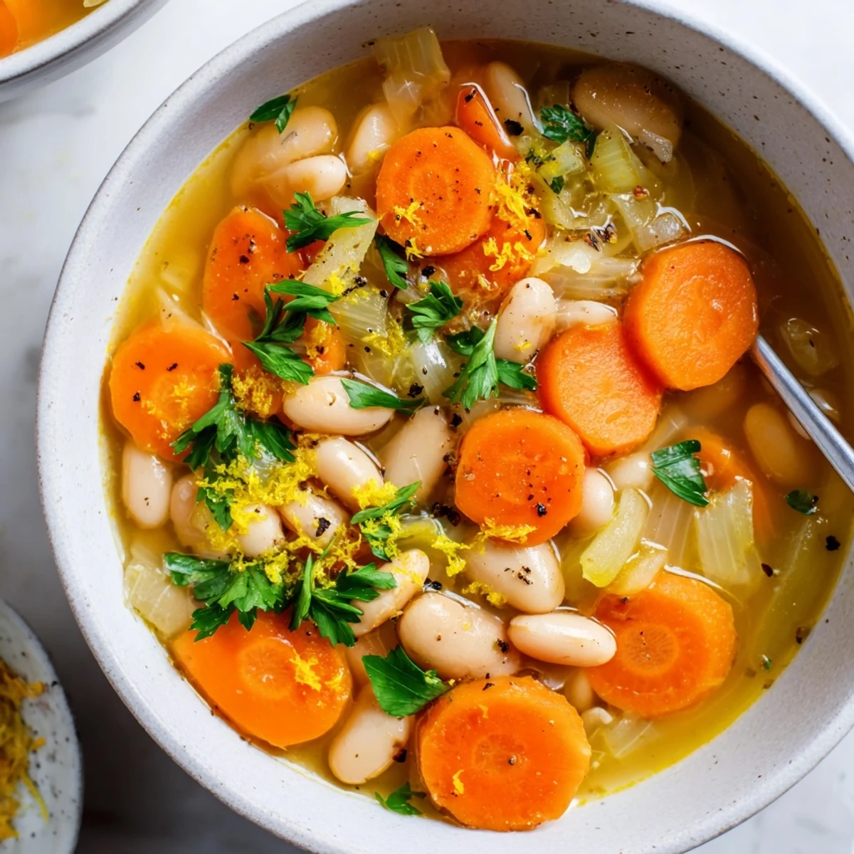 Warm brothy carrot butter bean soup in a rustic bowl topped with fresh parsley
