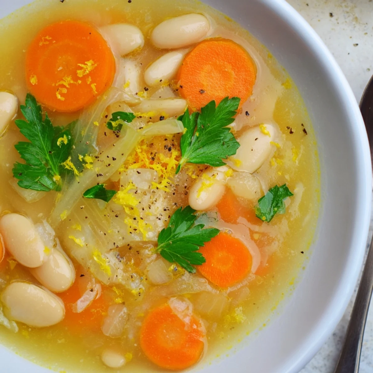 Steaming bowl of brothy carrot butter bean soup garnished with lemon zest and pepper