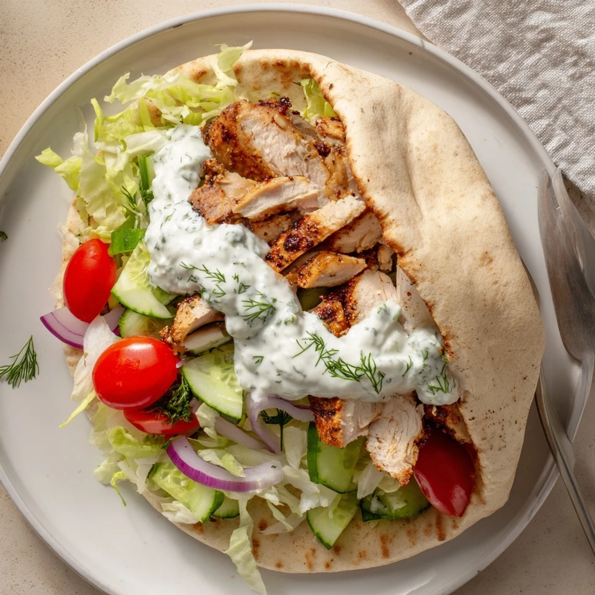 Warm flavor packed chicken pitas loaded with crisp veggies and creamy yogurt sauce