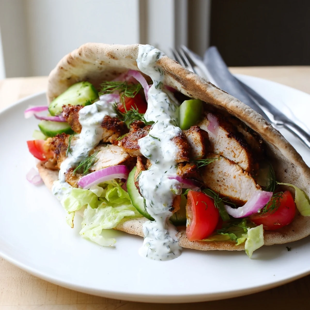 Flavor packed chicken pitas drizzled with tangy dill yogurt sauce on a rustic plate
