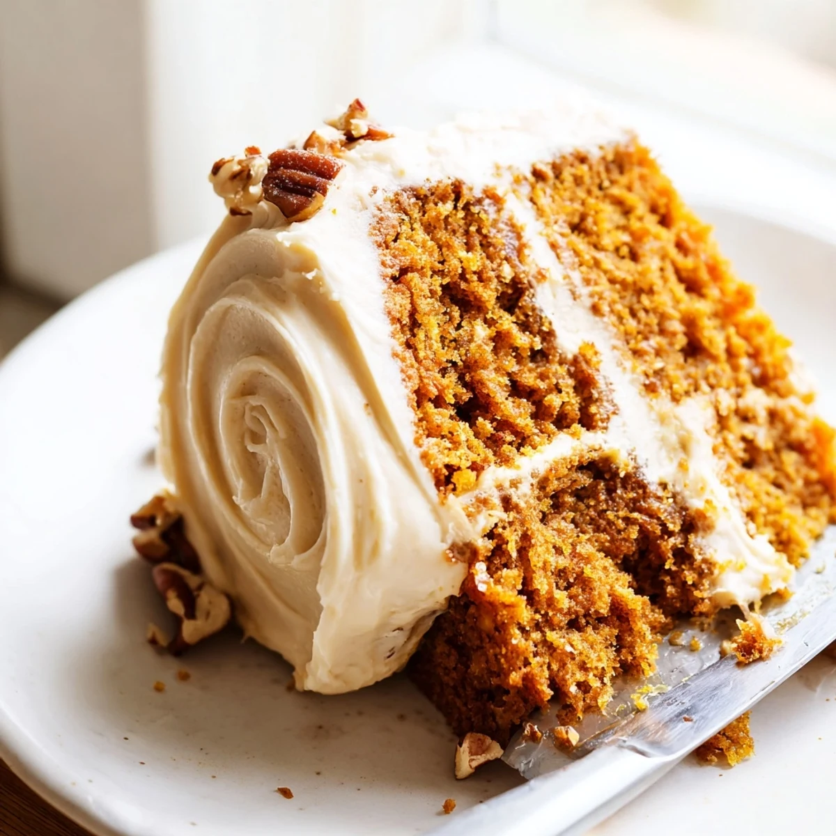 Moist pumpkin pecan cake with swirled cinnamon cream cheese icing, garnished with toasted pecan halves and fall spices.