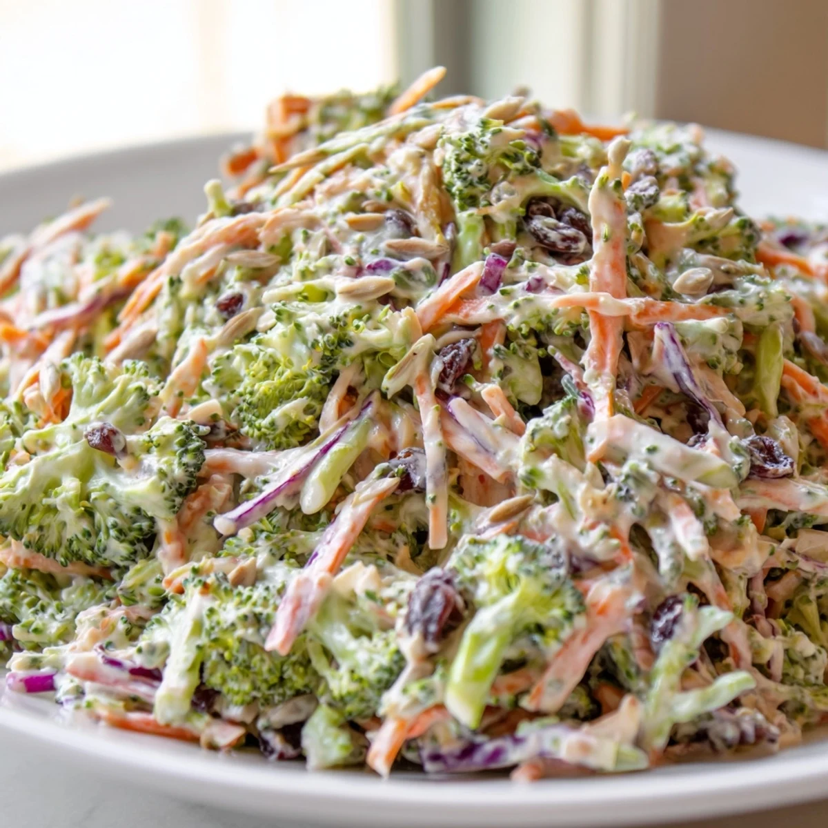 Crunchy broccoli slaw with creamy dressing, sunflower seeds, and dried cranberries in a bowl