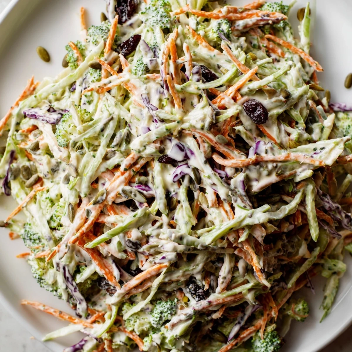 Bright broccoli slaw tossed in tangy mayo dressing, served cold as a refreshing side