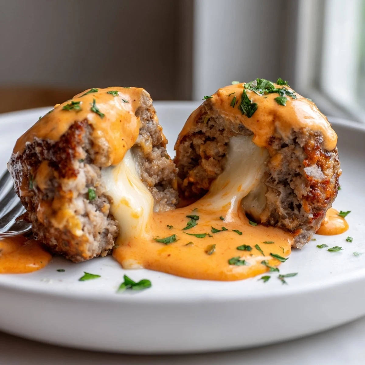 Golden cheese stuffed meatballs drizzled with creamy spicy cheese sauce on a rustic plate.