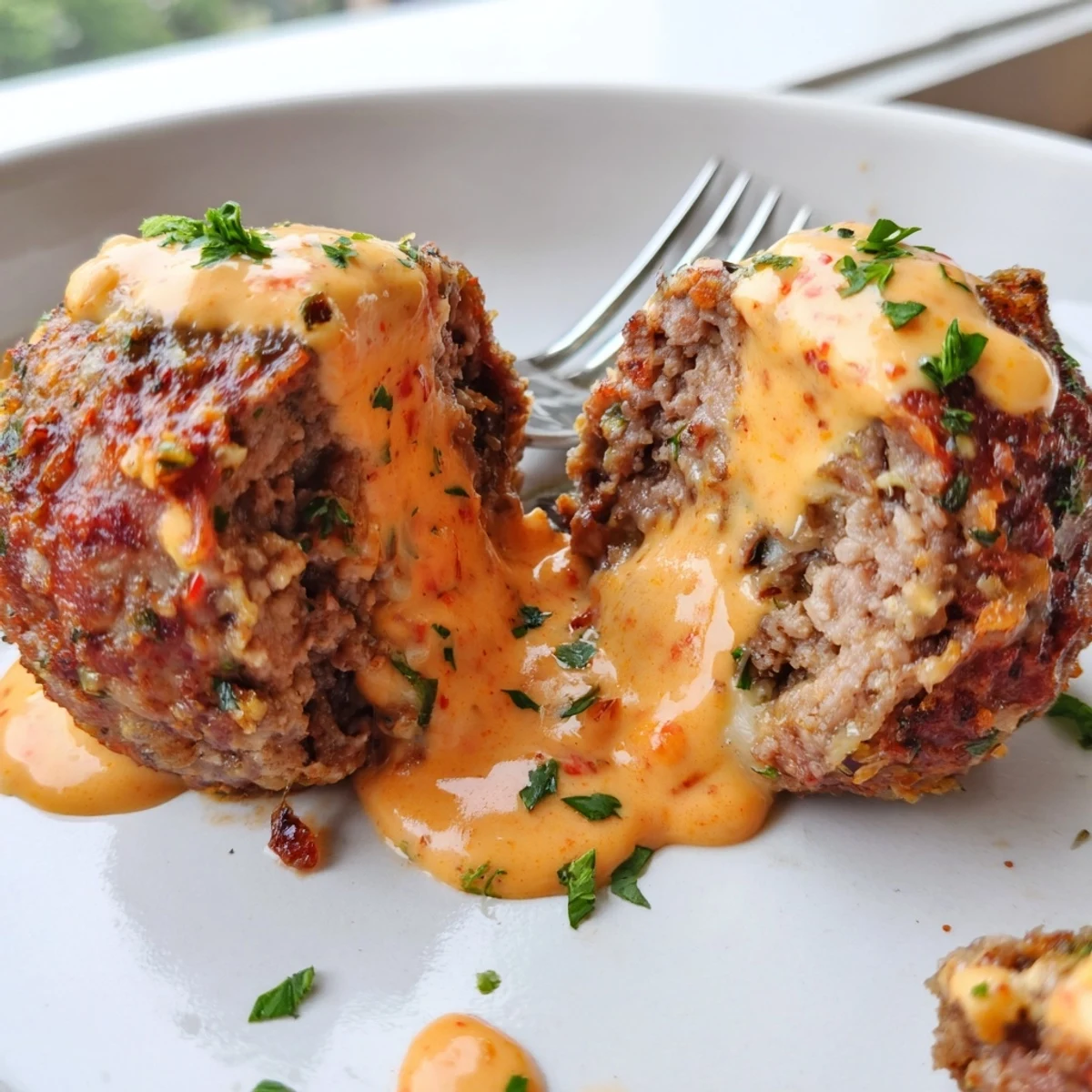 Crispy baked cheese stuffed meatballs nestled in thick spicy cheese sauce ready for dipping.