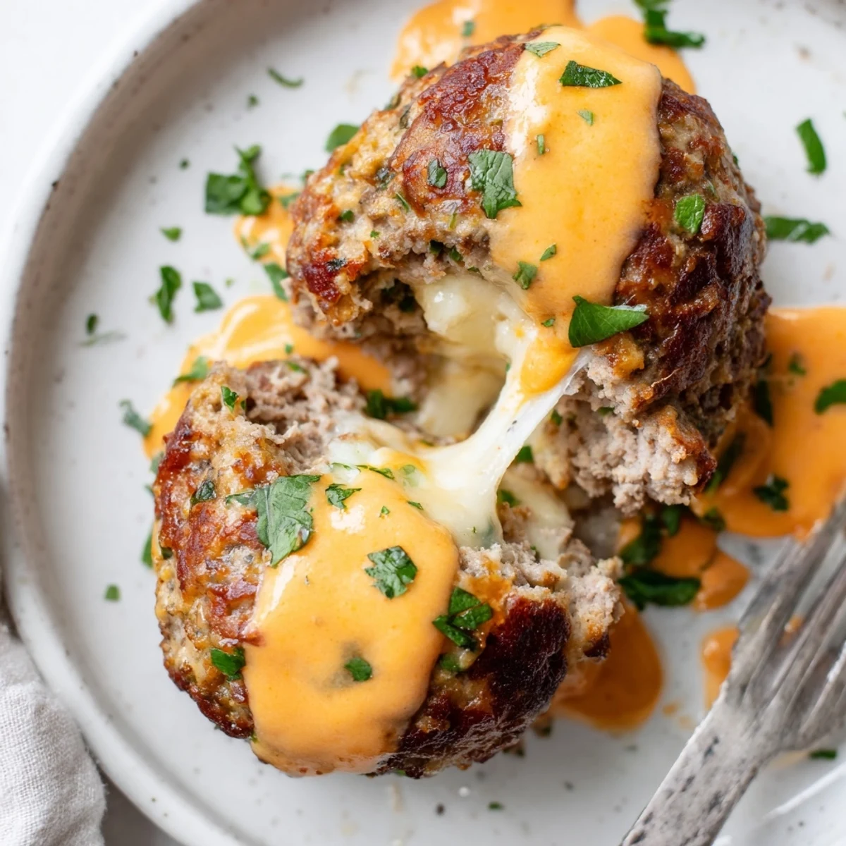 Juicy cheese stuffed meatballs with spicy cheese sauce pooled over freshly chopped green parsley.