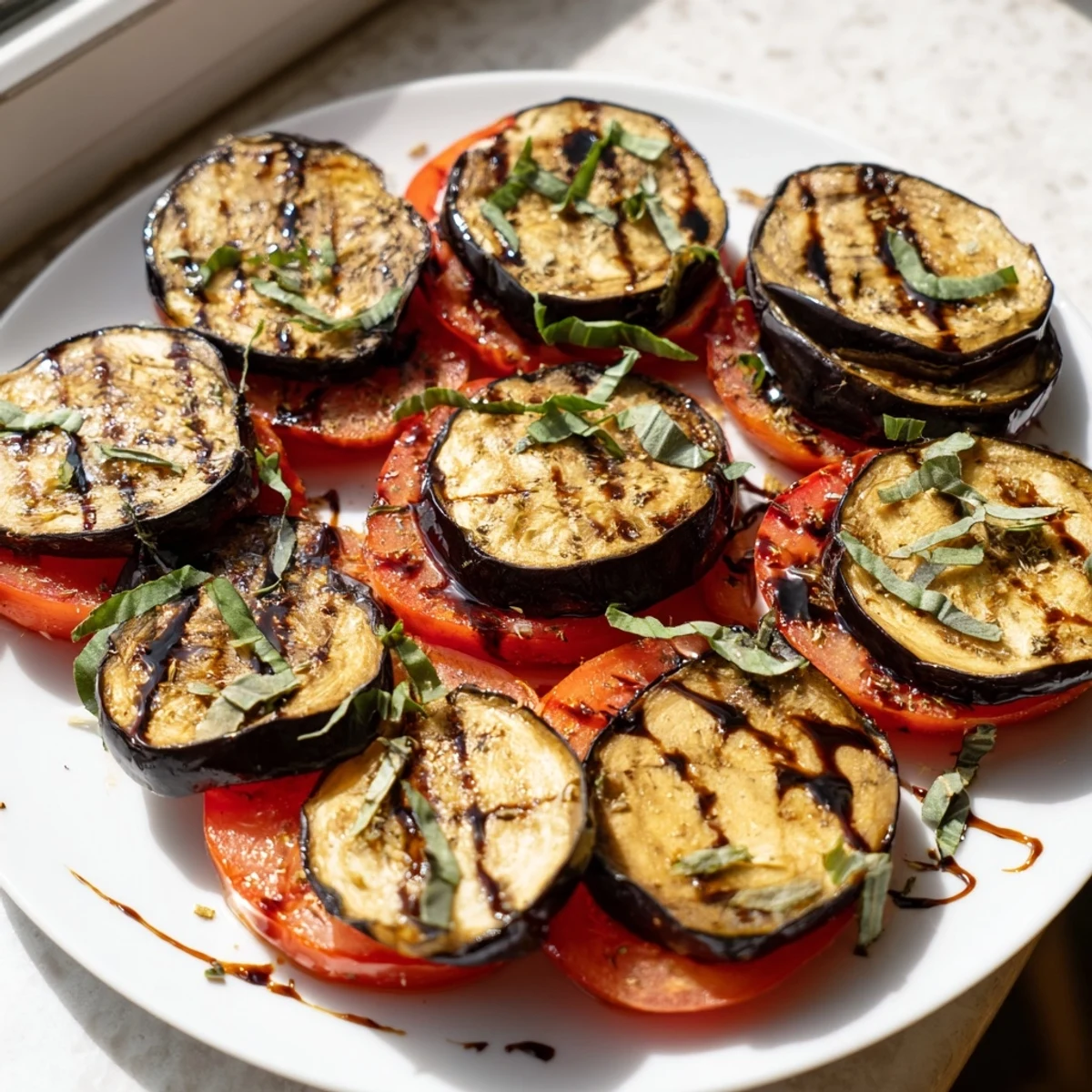 Smoky grilled tomato eggplant layered on a platter with fresh basil and balsamic drizzle