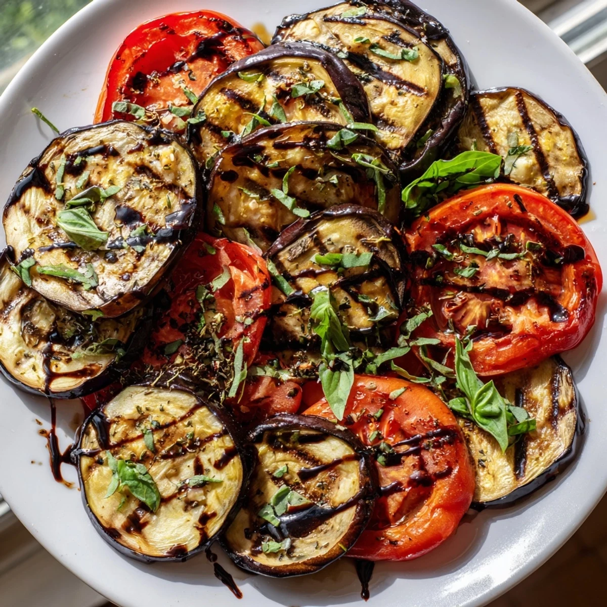 Charred grilled tomato eggplant slices arranged alternately, glistening with olive oil and herbs