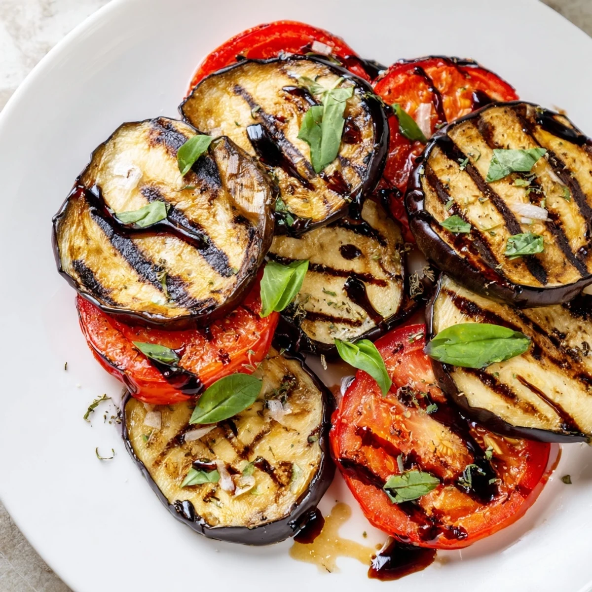 Tender grilled tomato eggplant stacked with juicy rounds, topped with fragrant basil chiffonade