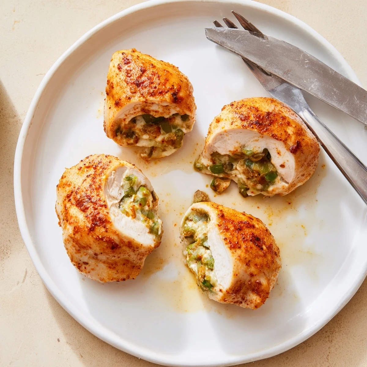 Golden baked goat cheese chicken stuffed with herbs, served steaming on a rustic dish