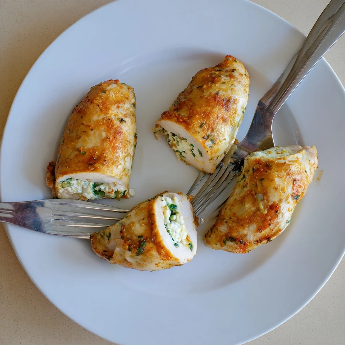 Tender goat cheese chicken resting on a white plate with fresh chive garnish