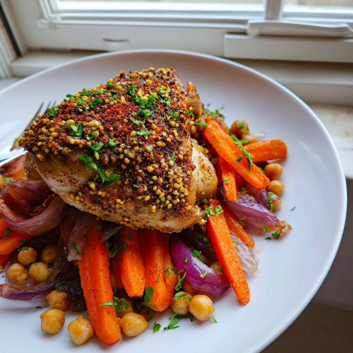 Golden sumac chicken with carrots and chickpeas roasted on a sheet pan