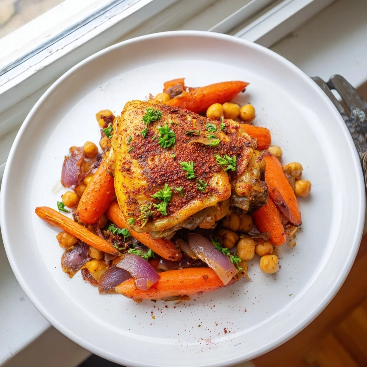 Juicy sumac chicken with roasted carrots and chickpeas garnished with fresh parsley