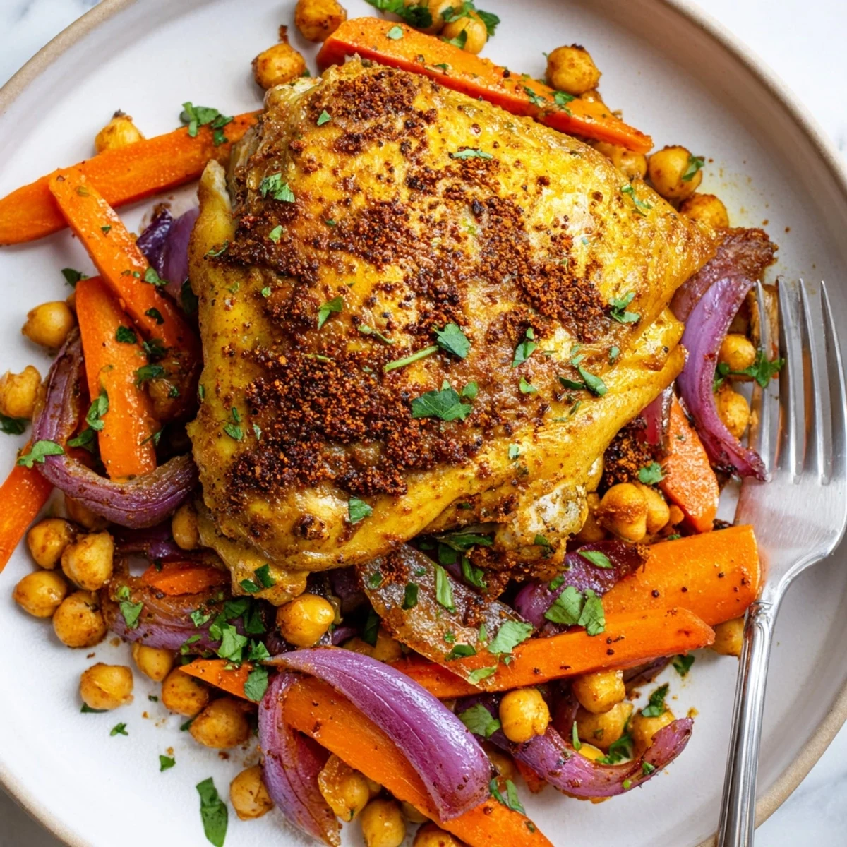 Tender sumac chicken served over caramelized carrots and crispy chickpeas