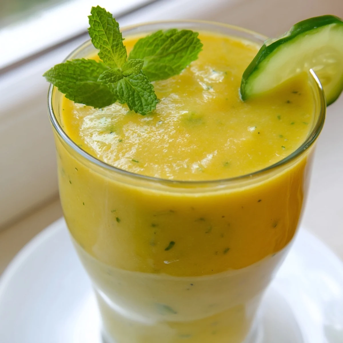 Tall glasses of mango cucumber smoothie garnished with fresh mint sprigs