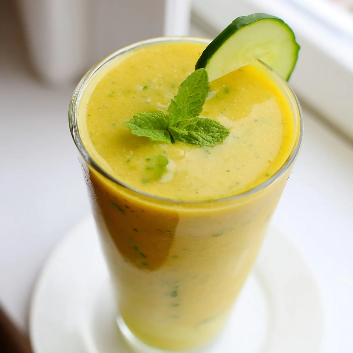 Creamy mango cucumber smoothie blended with coconut water and bright lime juice