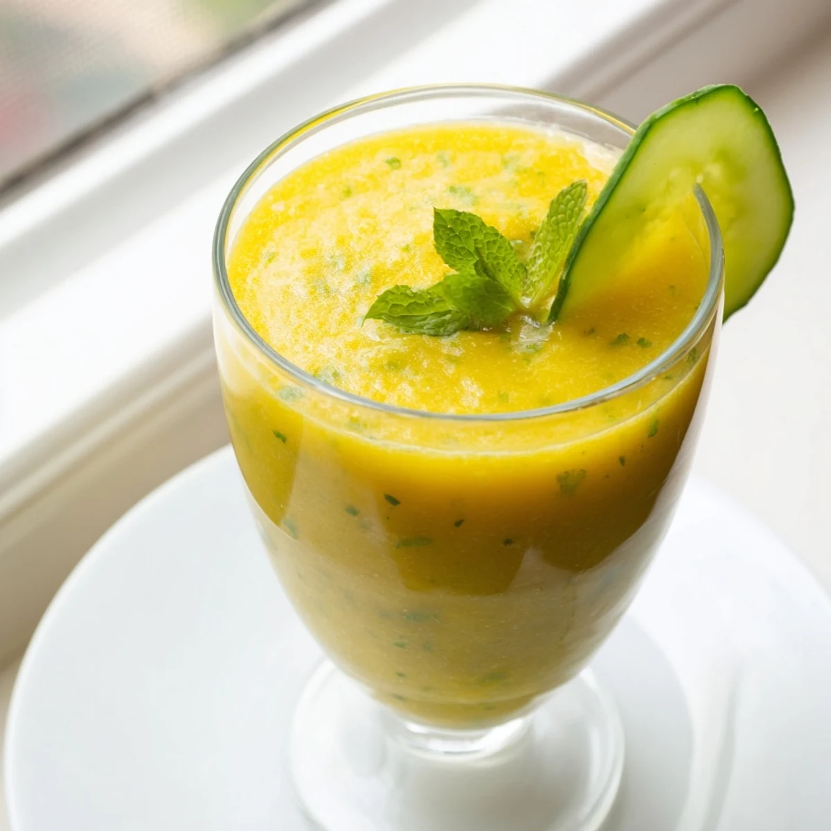 Vibrant yellow mango cucumber smoothie poured over ice in a clear glass