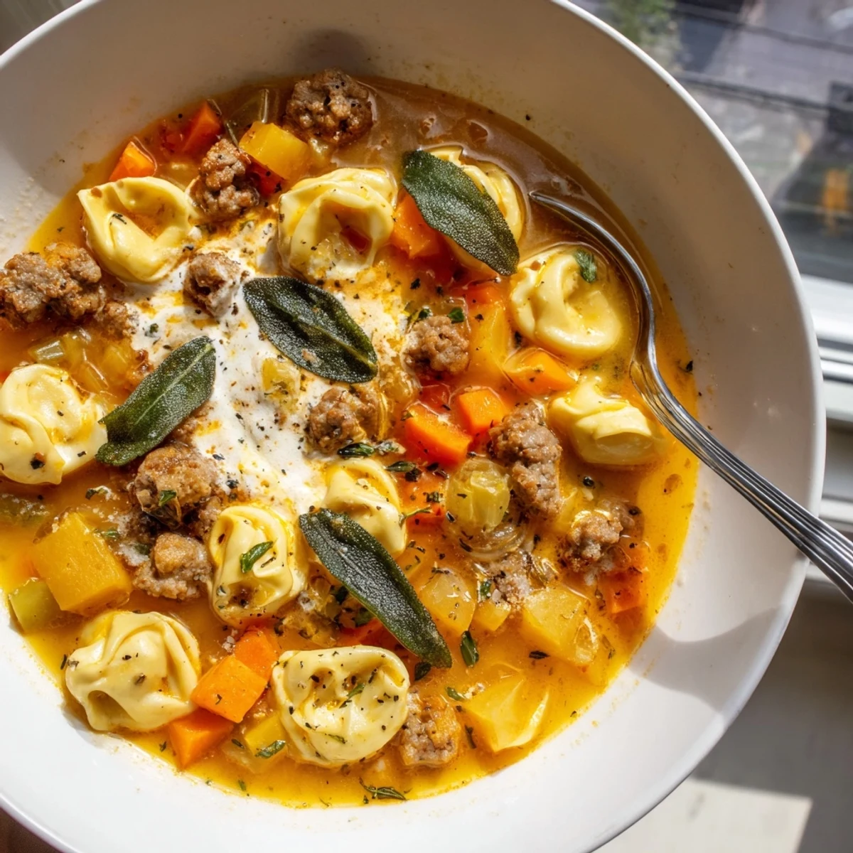 Creamy butternut squash sausage tortellini soup swirled with sage cheese in a rustic bowl