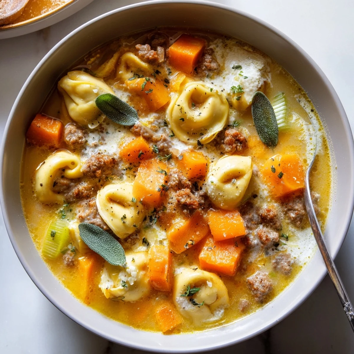 Steaming bowl of butternut squash sausage tortellini soup with a velvety ricotta sage drizzle