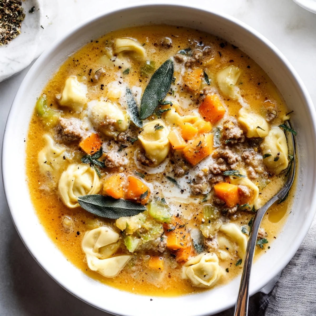 Golden butternut squash sausage tortellini soup topped with melted Parmesan and fried sage leaves