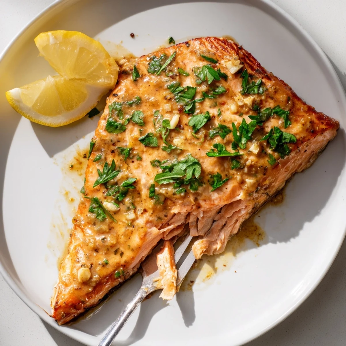 Golden baked honey mustard salmon fillet glazed with a sweet and tangy caramelized sauce on a baking sheet