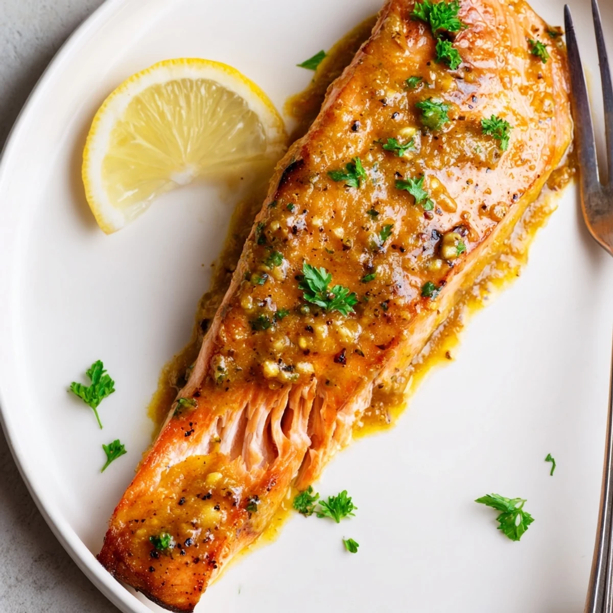 Tender baked honey mustard salmon topped with fresh parsley and bright lemon wedges on a white plate