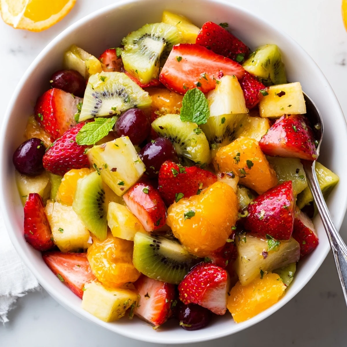 Colorful fruit bowl with strawberries kiwi pineapple and fresh mint garnish