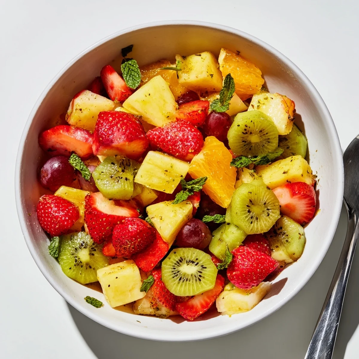 Refreshing fruit bowl drizzled with zesty lime dressing in white serving dish