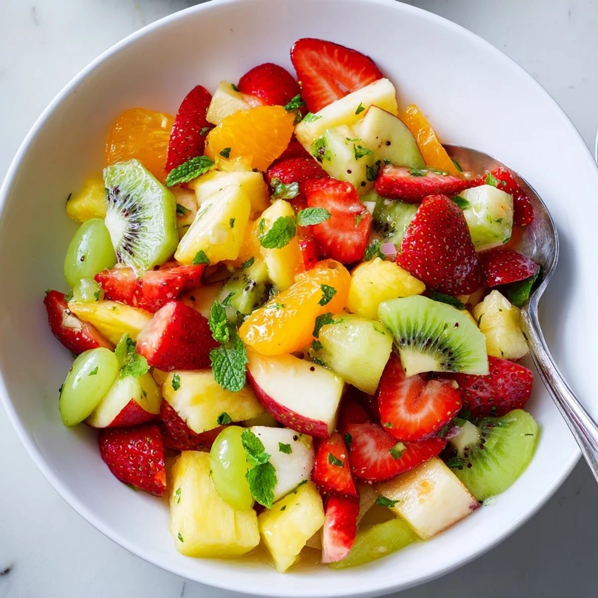 Vibrant fruit bowl featuring grapes orange segments and a citrus honey glaze
