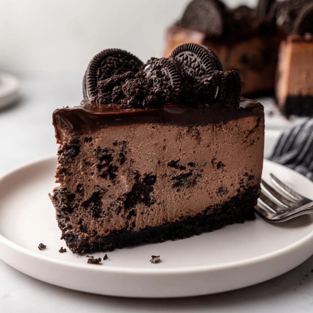Rich chocolate Oreo cheesecake with a dark cookie crust on a dessert plate