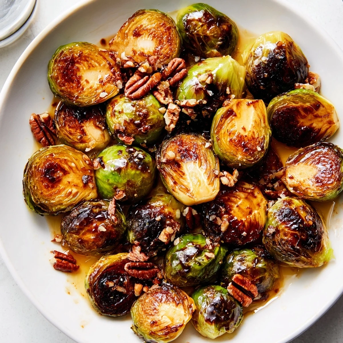 Crispy honey balsamic Brussels sprouts roasted golden on a parchment-lined baking sheet