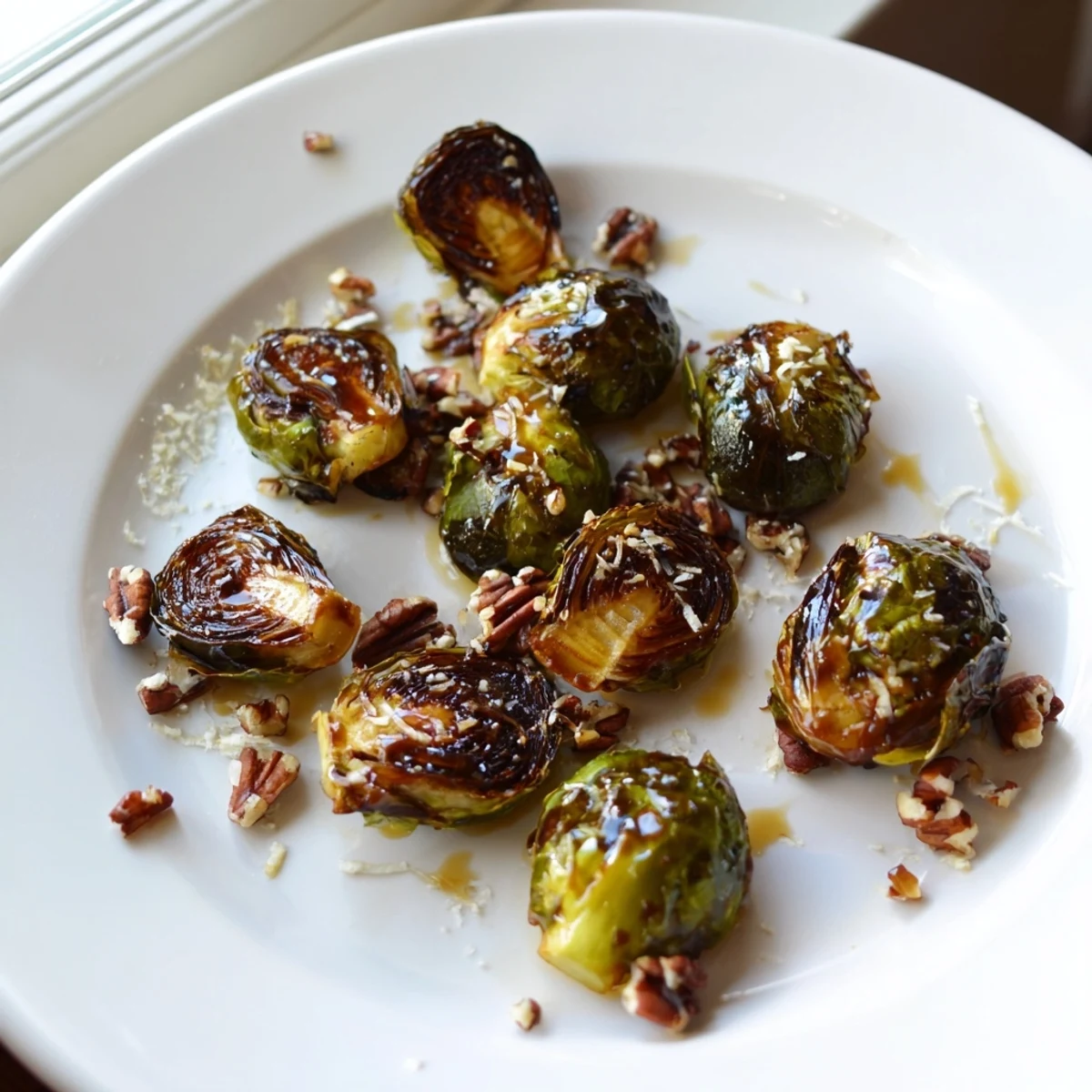 Honey balsamic Brussels sprouts glistening with a sticky glaze and scattered toasted pecans