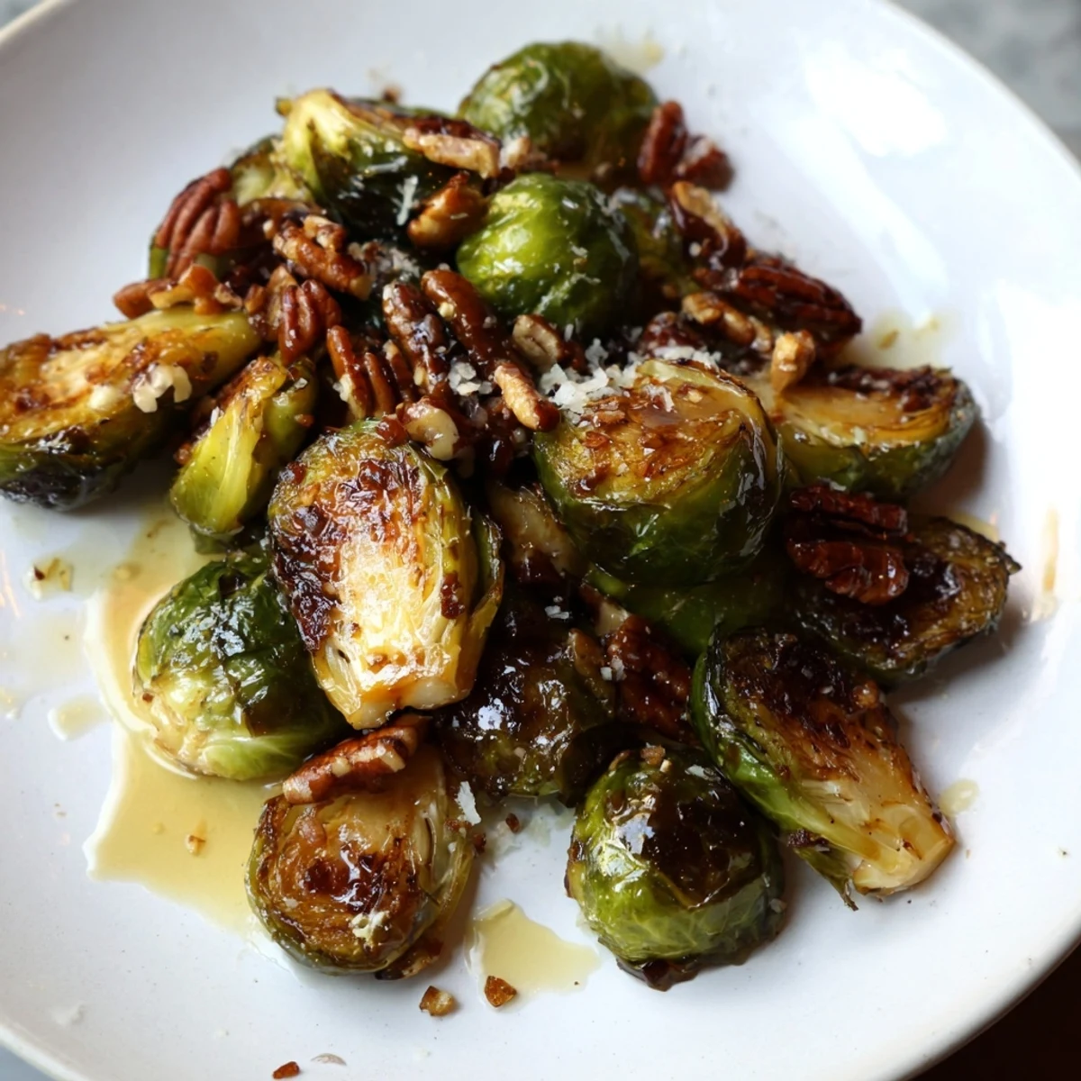 Caramelized honey balsamic Brussels sprouts served in a rustic white dish with Parmesan