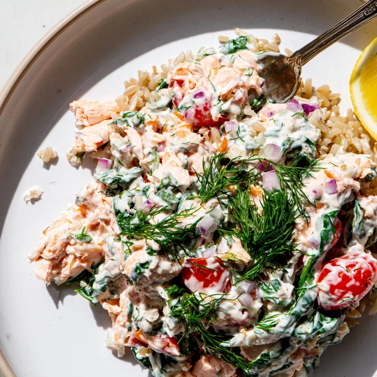 Tangy Greek yogurt creamy leftover salmon recipe served warm over tender whole wheat pasta