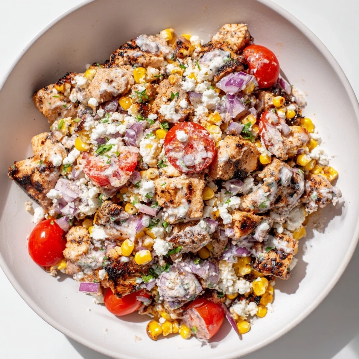 A vibrant High Protein Chicken Street Corn Salad in a white bowl featuring juicy grilled chicken, charred corn, and crumbled cotija cheese topped with a creamy cilantro dressing.