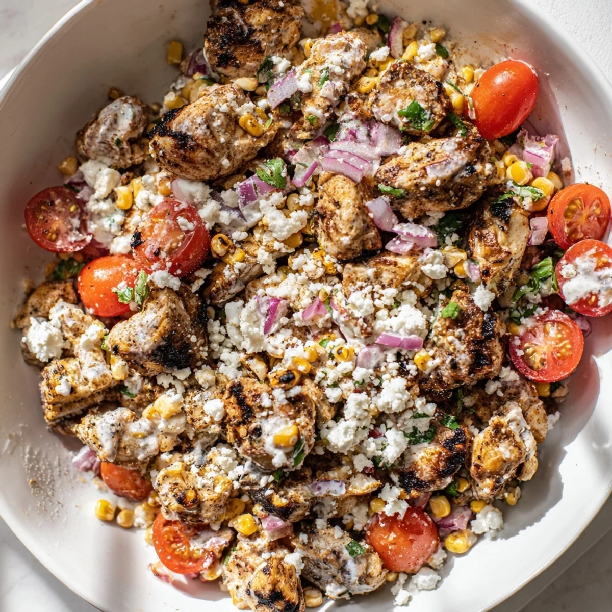 High Protein Chicken Street Corn Salad featuring bright red tomatoes and smoky charred corn resting on a rustic wooden spoon with creamy yogurt dressing.