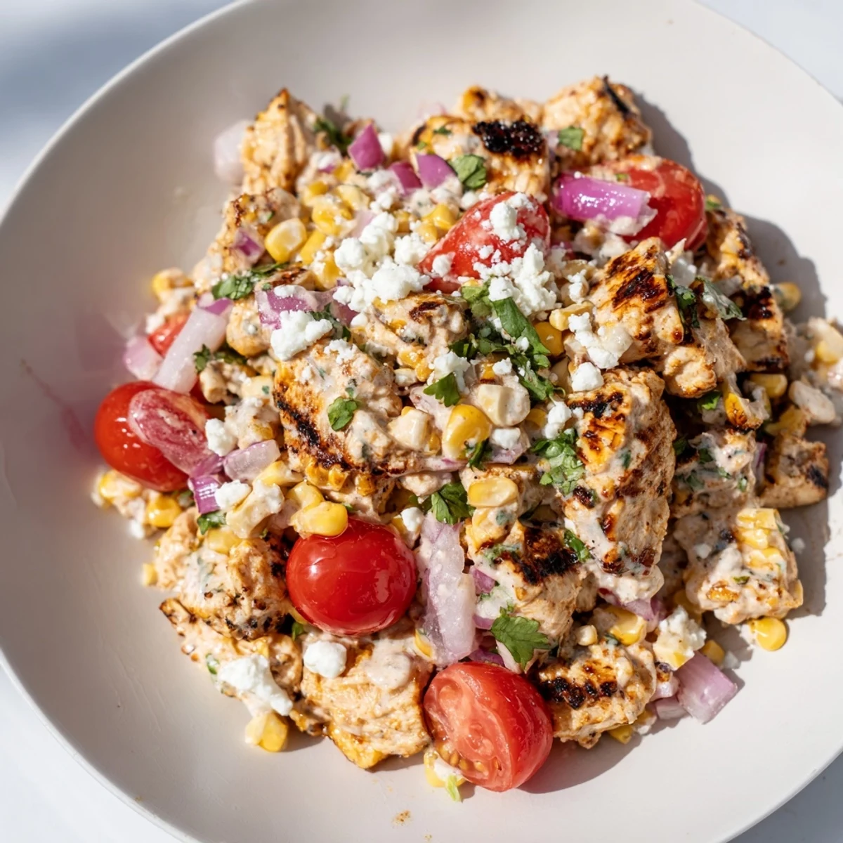 Close-up of High Protein Chicken Street Corn Salad served in rustic bowls highlighting tender seasoned chicken, crisp fresh veggies, and a drizzle of tangy lime dressing.