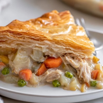 This hearty Turkey Pot Pie features a creamy turkey filling inside a golden, crisp puff pastry lid.