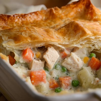 A freshly baked Turkey Pot Pie with a bubbly filling and golden crust sits on a rustic wooden table.