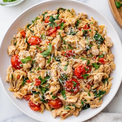 This high protein chicken orzo dish is garnished with fresh parsley, showcasing the herbed sauce and wilted spinach.