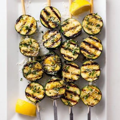 Juicy Garlic Butter Zucchini Skewers fresh off the grill, charred lightly and served with lemon wedges on a platter.