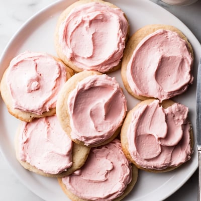 Soft, bakery-style Crumbl Sugar Cookies frosted with creamy pink almond icing, perfect for party platters or gatherings.