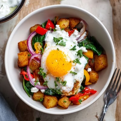 Top-down view of a Savory Breakfast Bowl featuring colorful sautéed veggies, cherry tomatoes, and fresh chives ready to serve for breakfast.