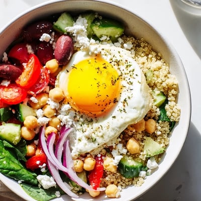 Colorful Mediterranean Breakfast Bowls with fresh veggies, olives, and a drizzle of olive oil dressing.