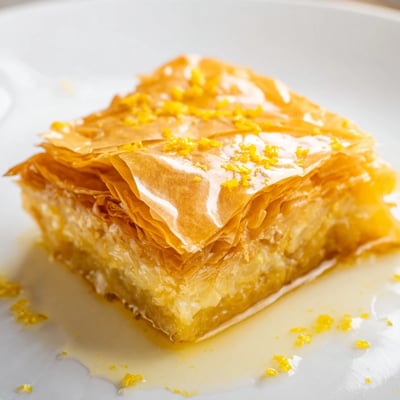 Freshly baked Portokalopita Greek dessert with golden crispy phyllo, citrusy orange aroma, and syrup drizzled over the top, ready to serve.